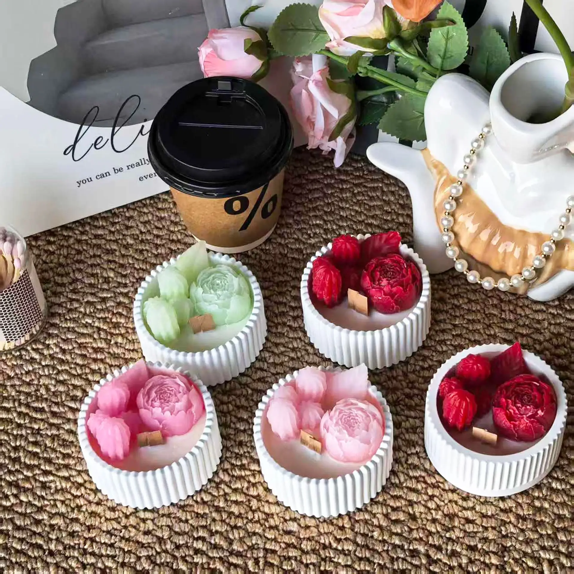 Home Decor Flowers - 꽃무늬 장미 모양의 향초 2개, 세라믹