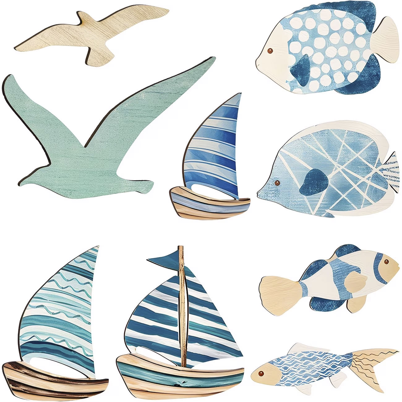 Home Decor Nautical - 9개의 열대어, 갈매기, 범선 나무 벽