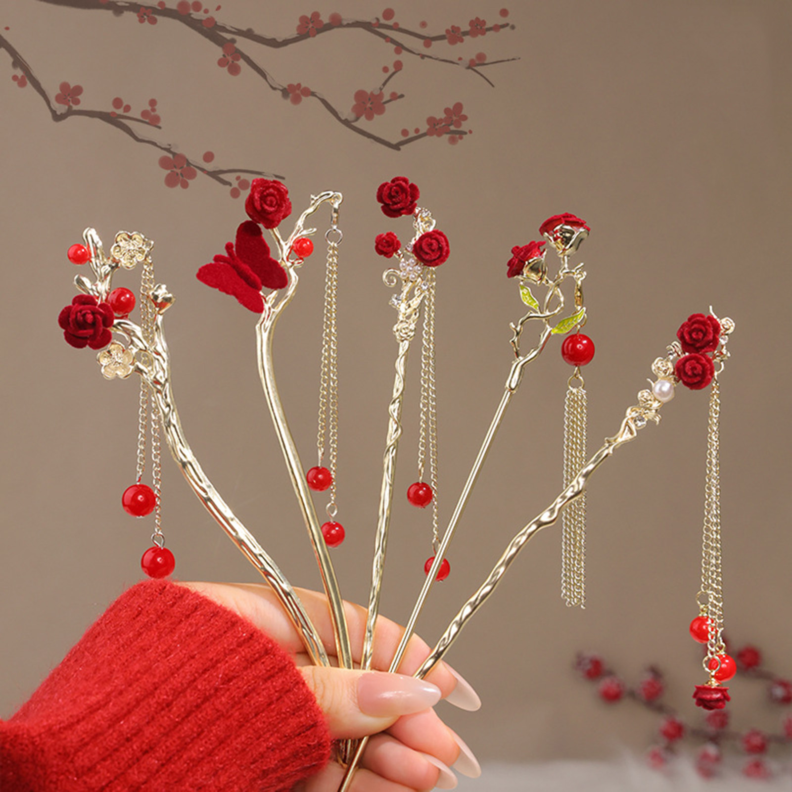 중국 스타일 장미 꽃 머리 스틱 머리핀 여성용 붉은 꽃 - Home Decor Flowers 리뷰 및 가격