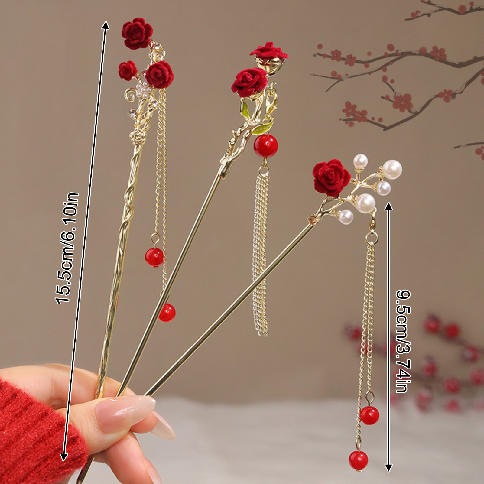 중국 스타일 장미 꽃 머리 스틱 머리핀 여성용 붉은 꽃 - Home Decor Flowers 리뷰 및 가격