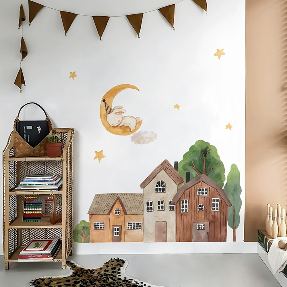 패브릭 만화 숲 빈티지 타운 벽 PVC 문 토끼 스티커 - Home Decor Wall Stickers 리뷰 및 가격