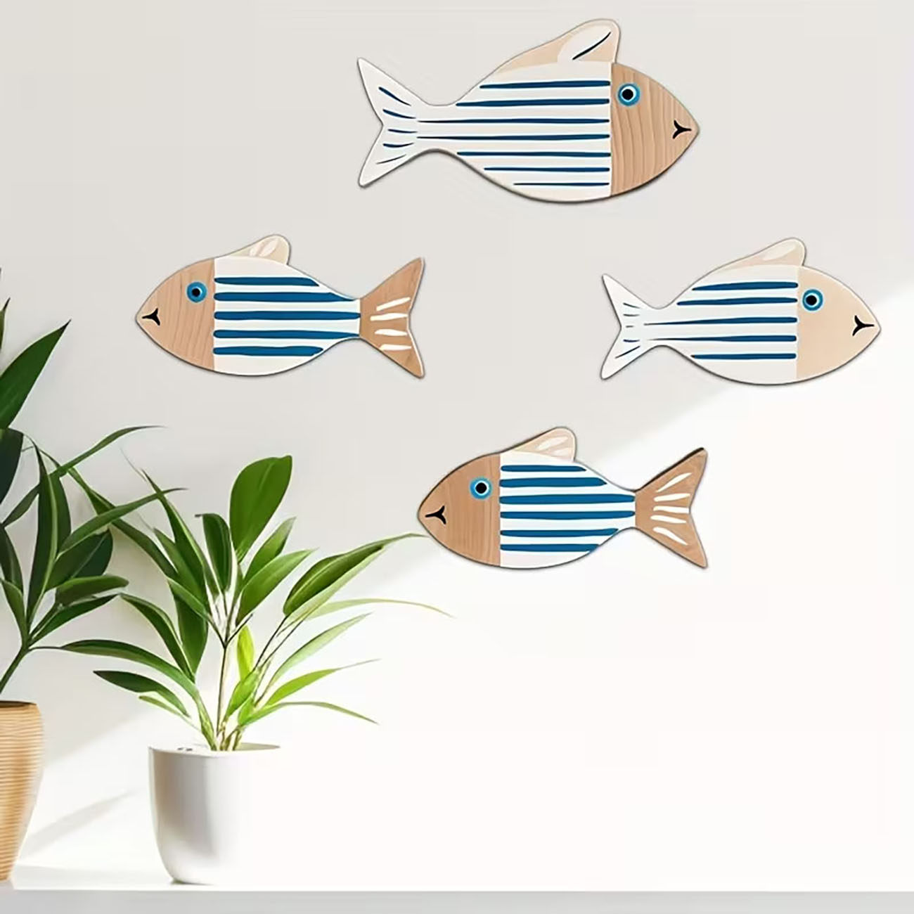 4개의 나무 줄무늬 물고기 벽 장식, 2D 플랫 프린트 - Home Decor Nautical 리뷰 및 가격