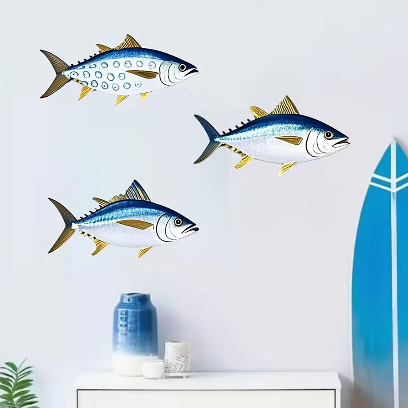 3개의 나무 참치 벽 장식, 2D 플랫 프린트 블루 골 - Home Decor Nautical 리뷰 및 가격