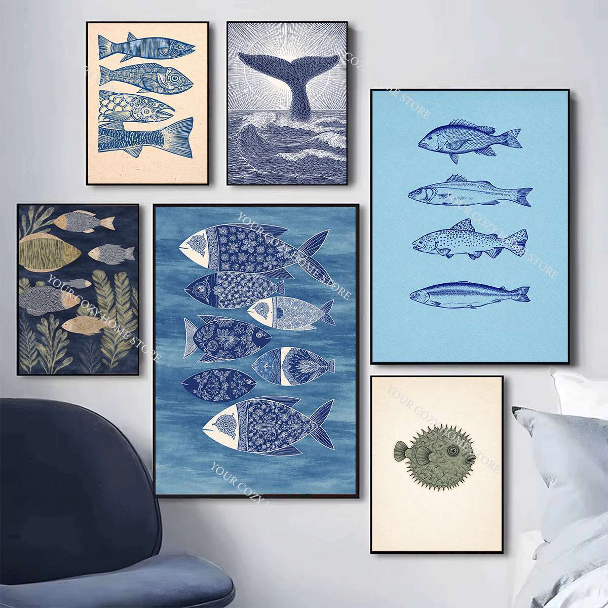 미니멀리스트 해양 물고기와 파도 아트 포스터 파란색과  - Home Decor Nautical 리뷰 및 가격